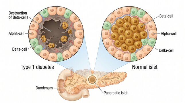 Medical illustration comparing pancreatic islet cells in type 1 diabetes