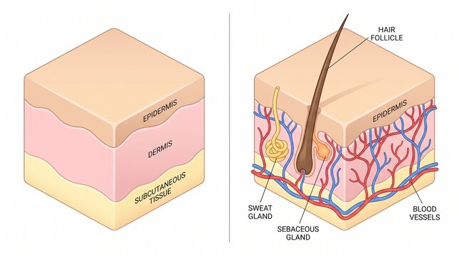 Anatomy cross section of human skin layers showing epidermis dermis and hair