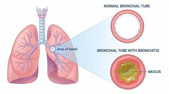 Medical diagram of human lungs comparing normal bronchial tube and bronchitis