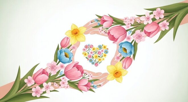Floral Heart Frame with Colorful Blossoms &ndash; Love and Harmony Illustration