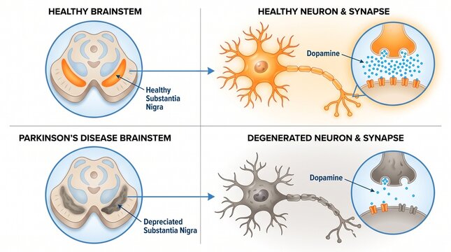 Parkinson disease brain anatomy comparison healthy vs degenerated neuron synapse