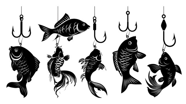 Set of five black silhouette fish hooked on fishing hooks on a white background