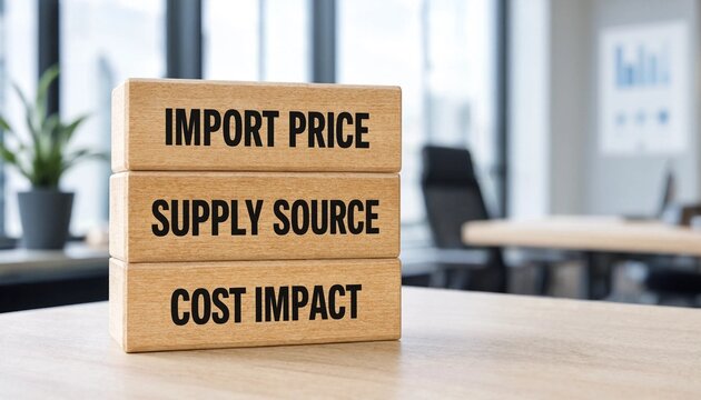 Stacked wooden blocks displaying key factors affecting import logistics and business cost analysis on office desk