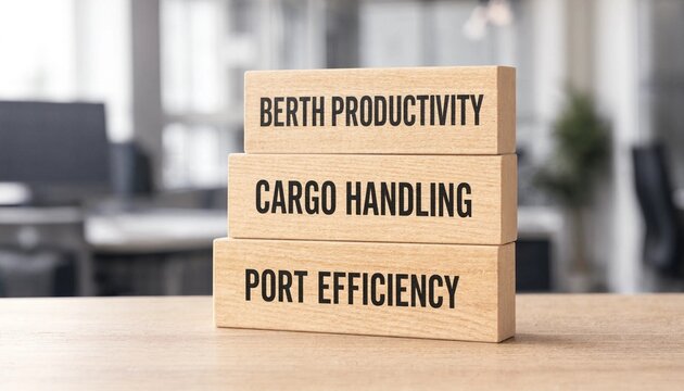 Stacked wooden blocks displaying key port operations concepts like berth productivity cargo handling and port efficiency