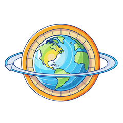 Stylized Earth globe icon with circular arrow and compass ring for environmental and global themes © Muhamad
