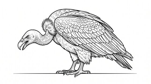 A detailed black-and-white vector line art illustration of a scavenger vulture standing in profile with folded wings, sharp talons, and a hooked beak on a clean white background.