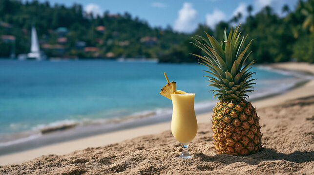 Tropical pineapple smoothie in glass on beach sand with ocean background landscape