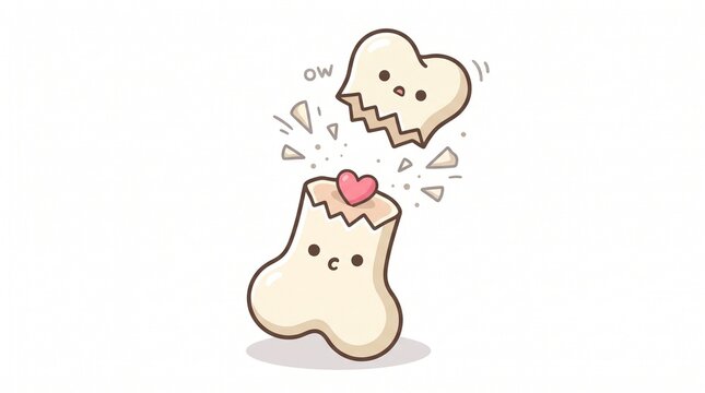 A cute, whimsical illustration of a smiling cartoon bone snapping in half with flying fragments, an "ow" speech bubble, and a sweet little pink heart resting inside.