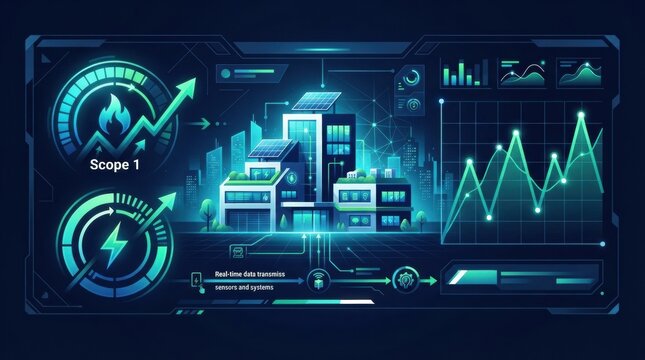 A smart building automation system featuring HVAC controls and emissions monitoring in a modern city setting.