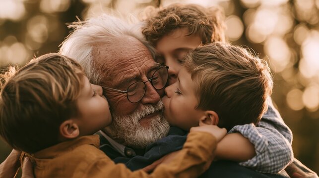 Elderly man with gray hair and glasses embraced by three children, two boys and a girl, in a warm outdoor setting with soft bokeh background