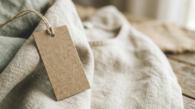 Blank kraft paper tag attached to natural linen clothing representing sustainable eco fashion, organic textile brand mockup, and zero waste lifestyle.