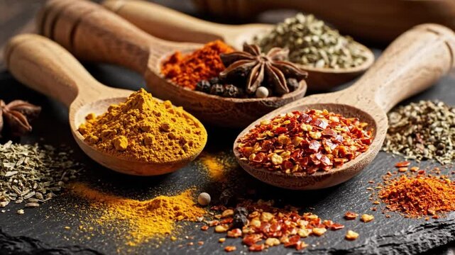 Close up of various colorful spices in wooden spoons arranged on a dark stone surface