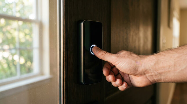 Biometric access entry fingerprint scanner door access hand finger security home indoor touch lock modern black door panel sensor authentication