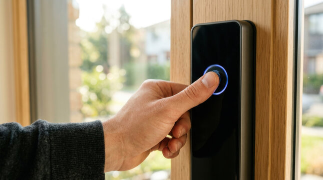 Biometric access entry close up, fingerprint scan on door lock, hand near smart lock, secure home entry