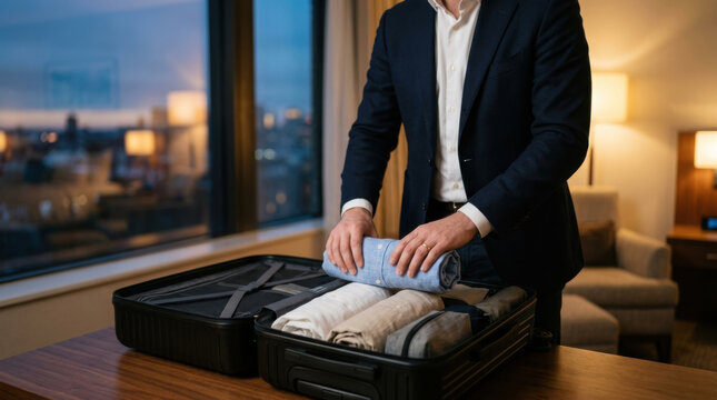 Suitcase packing hotel room travel luggage man suit jacket shirt folded clothes night city view