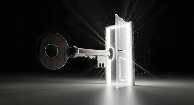 A glowing key unlocks a brightly lit open door in a dark room.
