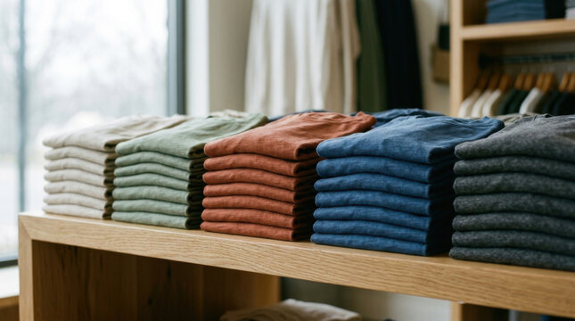 Folded shirt stack on wooden shelf in clothing store interior with organized retail display and soft natural light