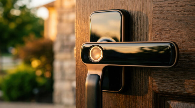 Smart lock lock door handle security keyless access closeup black modern fingerprint entry home wood metal shiny glossy outdoor house residential