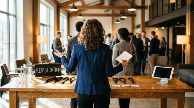Registration desk conference reception event lobby meeting networking welcome guest check