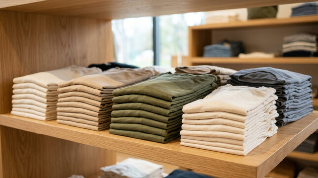 Folded clothing on wooden shelf in retail store interior with organized stacks and soft natural light