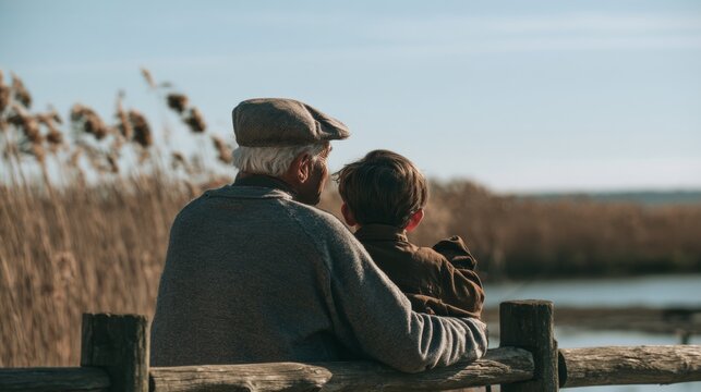 Elderly man in gray sweater and cap sits on wooden fence with young boy in brown jacket, overlooking a tranquil marsh landscape with tall grasses and water