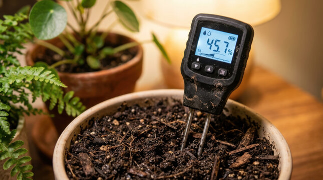 Soil moisture sensor probe in potting soil near houseplant indoors