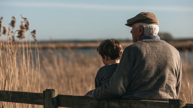 Elderly man in gray sweater and cap sits on wooden fence with young boy in gray shirt, overlooking tall grass and water in a serene outdoor setting