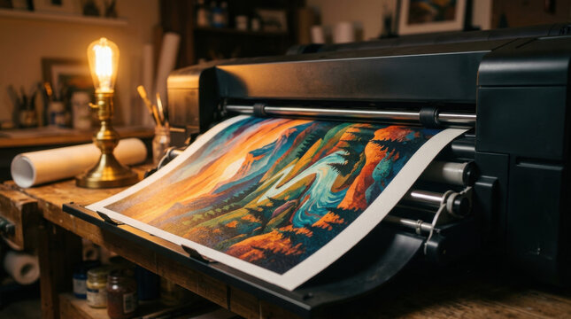 Large format art print close up view print machine rolled paper colorful image studio light wooden desk indoor workspace wall art print