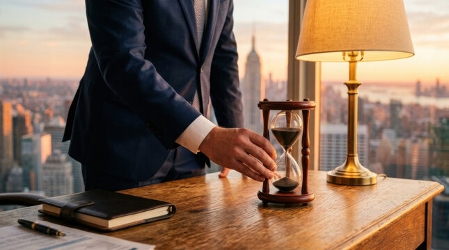 Hourglass time management deadline schedule office desk suit