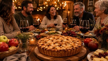 Fototapeta premium Family and friends gathered for holiday dinner with homemade apple pie on table