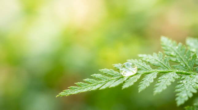 Macro shot of a clear dew drop on a green fern leaf reflecting morning sunlight representing untouched nature, ecological purity, and fresh environmental growth.