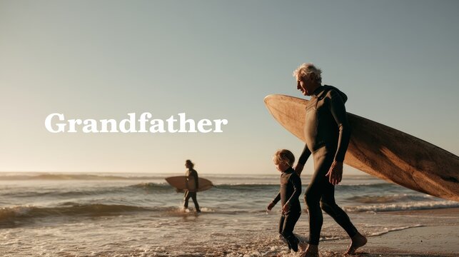 Elderly man and child walking along the beach carrying surfboards, with ocean waves and a clear sky in the background during sunset