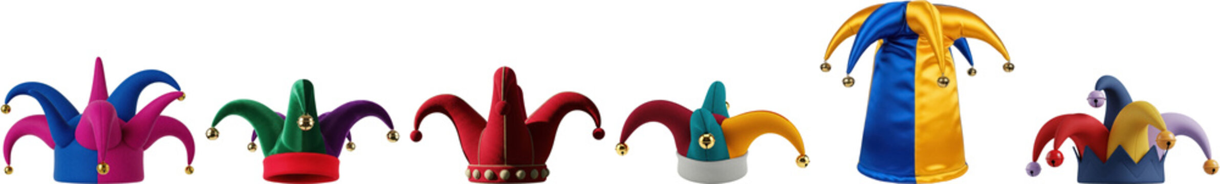 Festive 3D render of various colorful jester hats with bells, isolated on a clean transparent background for playful.