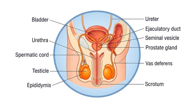Anatomical diagram of the human male reproductive system with labeling, prostate