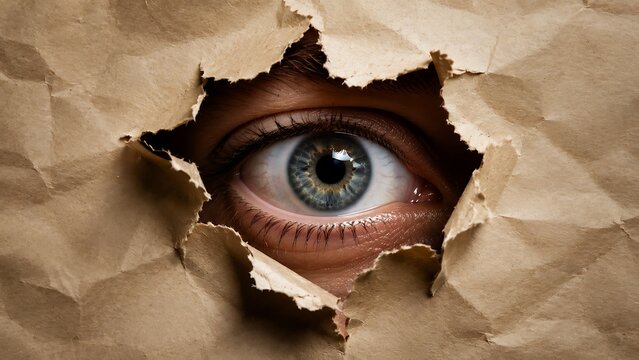 Human eye peeking through torn brown paper hole with intense expression