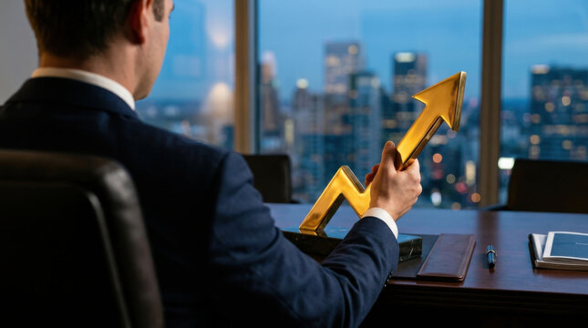 Office executive with gold growth arrow and city skyline