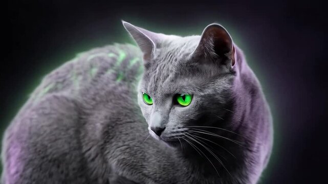 Gray cat with bright green eyes sitting on a dark background