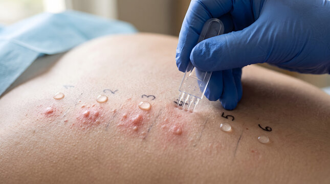 Close up of allergy skin prick test on patient arm.