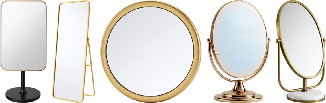 Elegant collection of modern mirrors with stylish gold, rose gold, and bronze frames on transparent background.