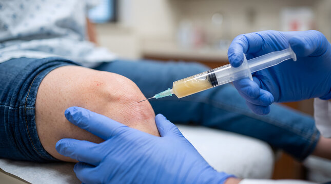Close up of medical injection into knee joint.