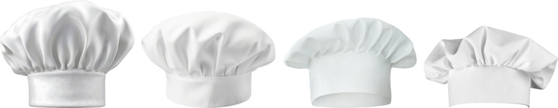 Collection of traditional white chef hats in various styles, isolated on a transparent background.