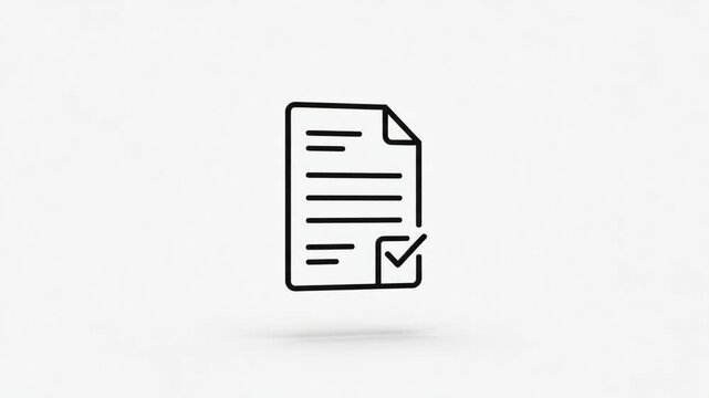 Minimalist line icon of a document with a checkmark representing approved agreement, task completion, and business contract verification on white background