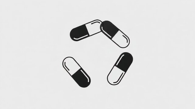 Black and white medical pill capsule icon representing healthcare, pharmacy, dosage, and prescription medicine vector illustration