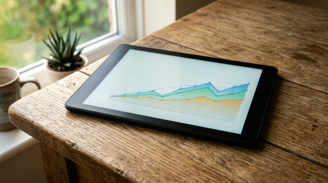 Tablet screen chart graph data line graph analytics report trend statistics