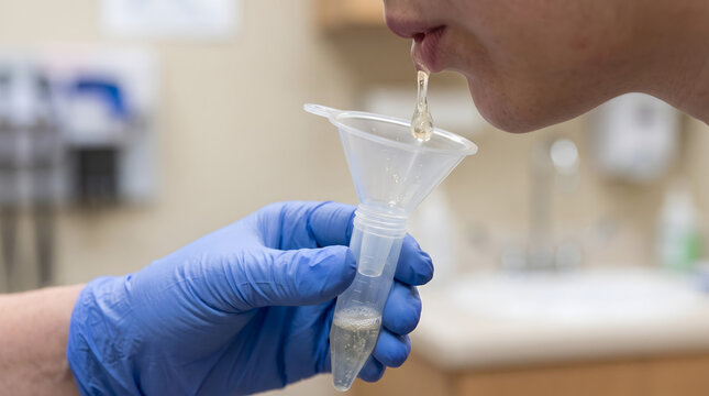 Closeup of person spitting into medical sample cup.