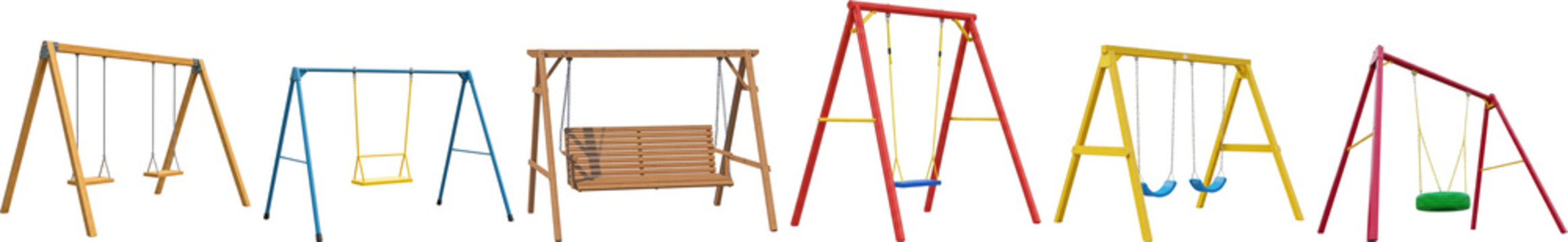 Assortment of diverse playground swings and swing sets, featuring various designs and materials, 3D render.