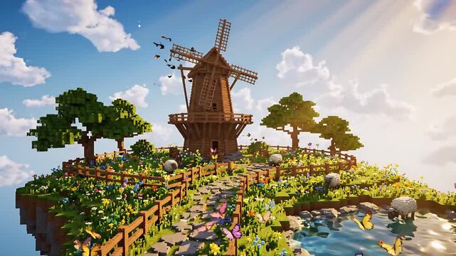 Charming minecraft floating island with windmill sheep flowers