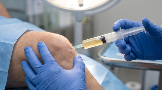 Doctor injecting fluid into knee joint during medical procedure.