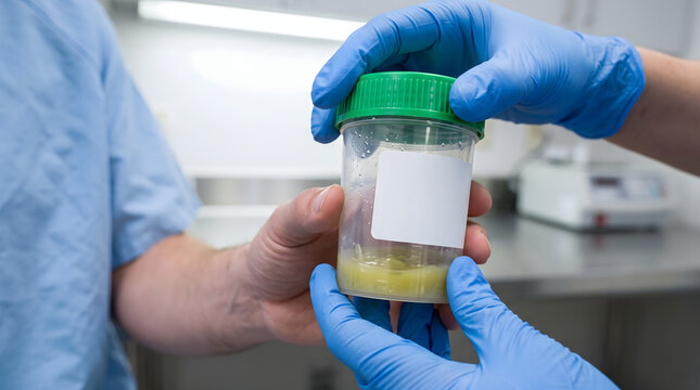 Medical professional hands holding urine sample container.