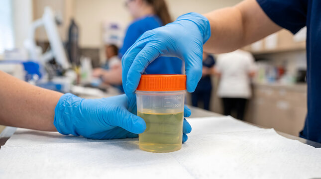 Medical Professional Holds Urine Sample Cup for Testing.